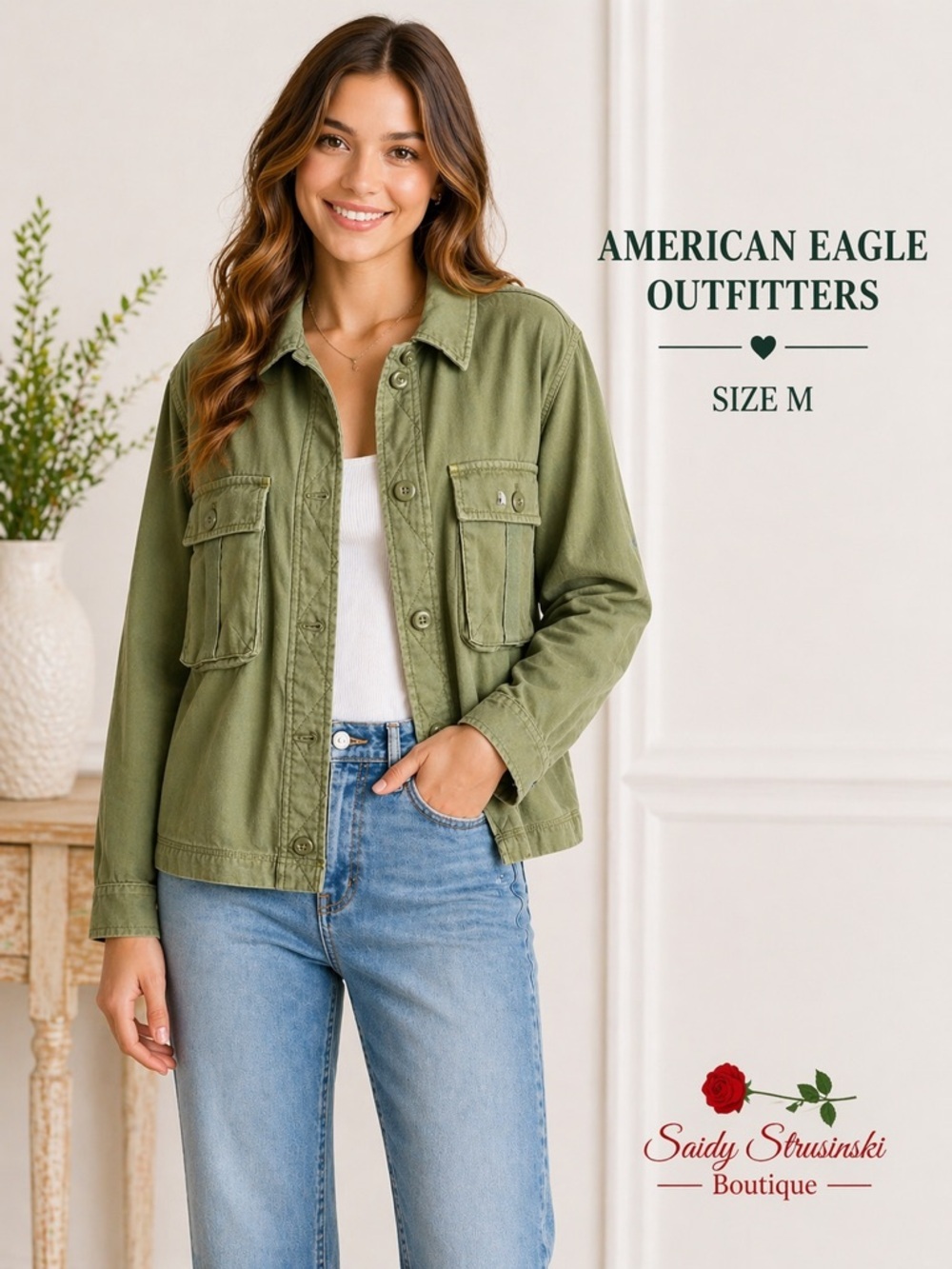 American Eagle Outfitters Olive Green Utility Jacket - Size M - 100% Cotton